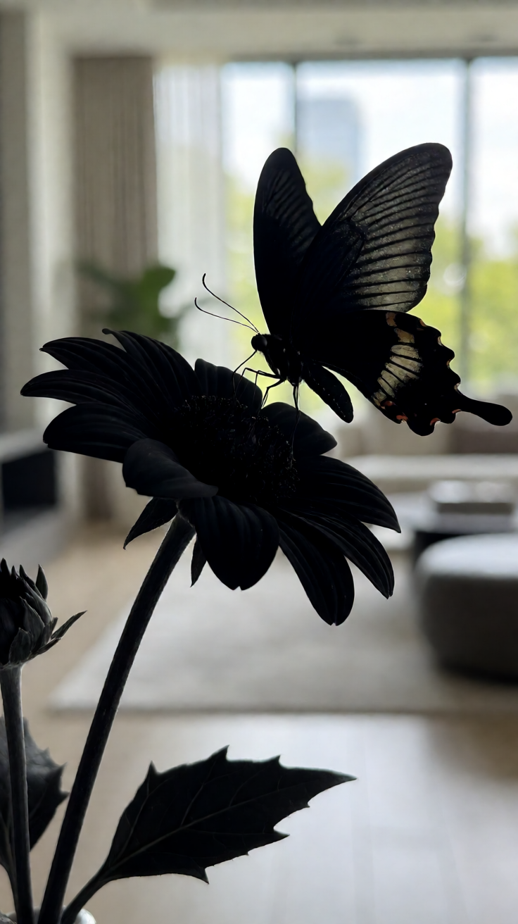 Black butterfly on black flower Wallpaper