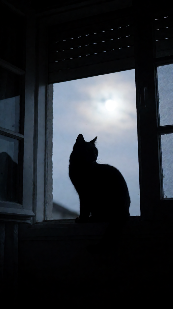 Black cat silhouette on moonlit window Wallpaper
