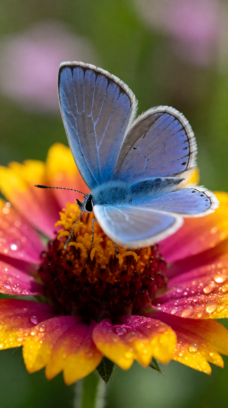 Blue butterfly on flower macro Wallpaper