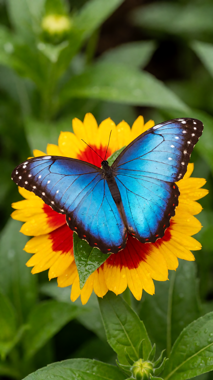 Blue morpho butterfly on flower