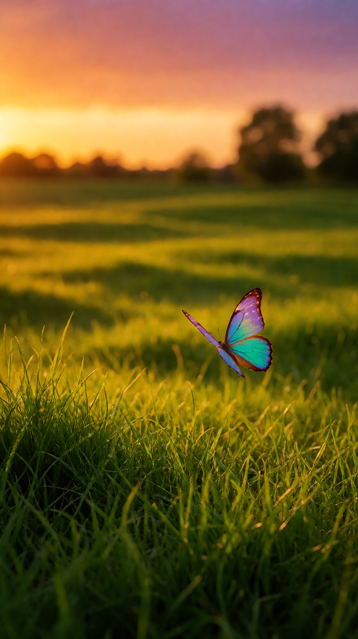 Butterfly floating over meadow sunset Wallpaper