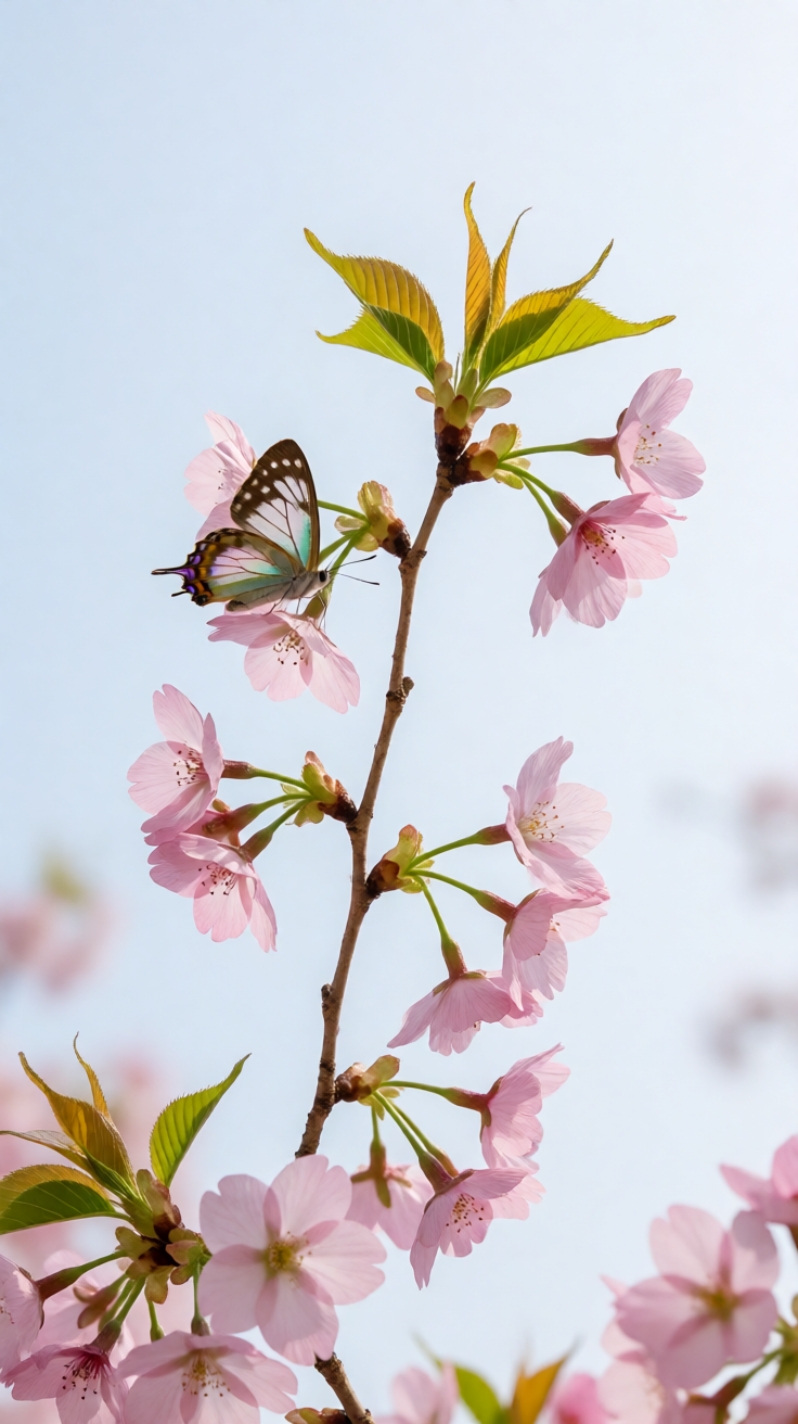 Butterfly on cherry blossom branch Wallpaper
