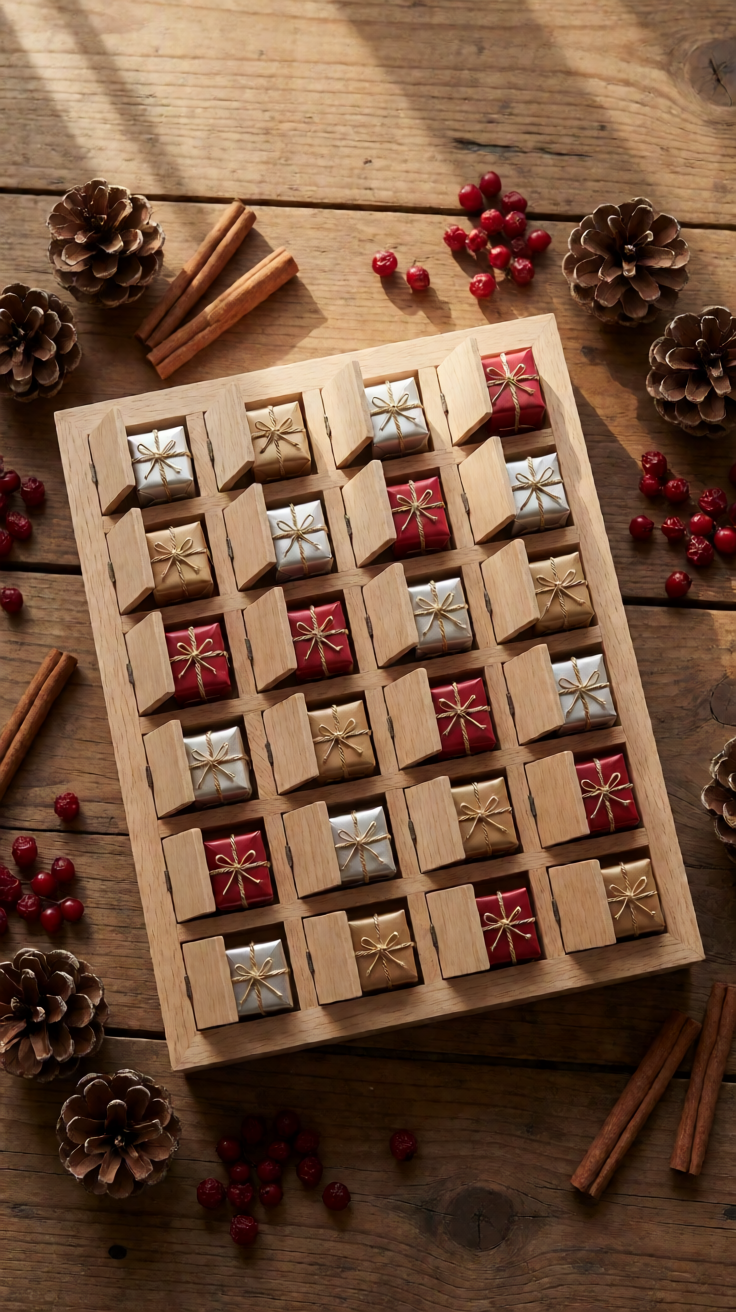 Advent calendar with tiny gifts flatlay festive Wallpaper