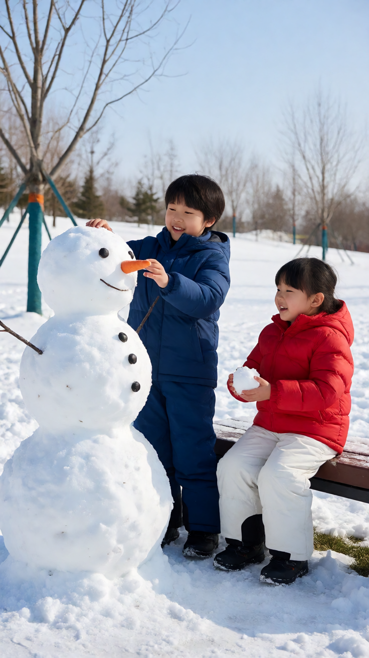 Children building snowman in snowy park illustration Wallpaper