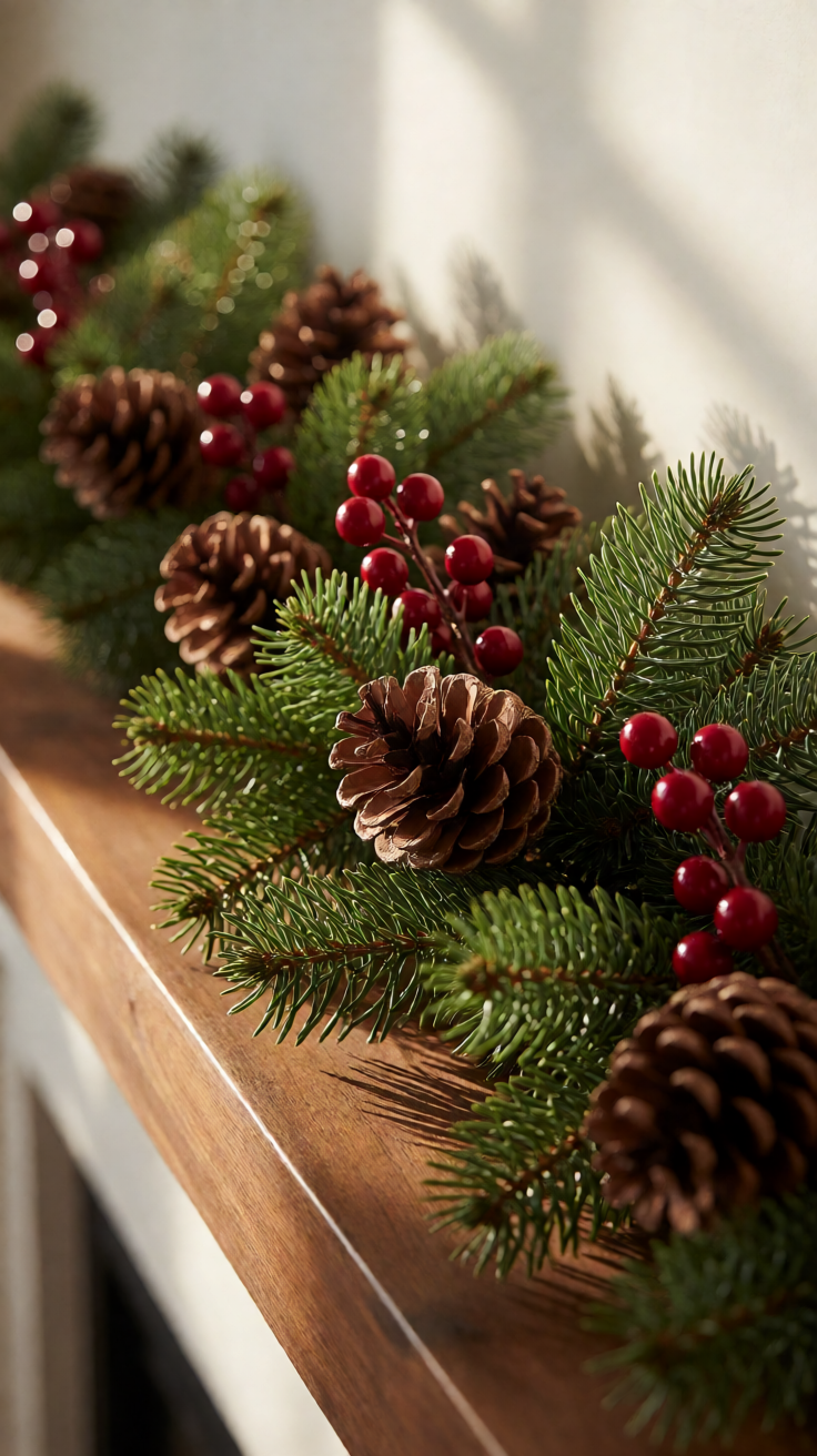 Christmas garland with pinecones and berries on mantel Wallpaper