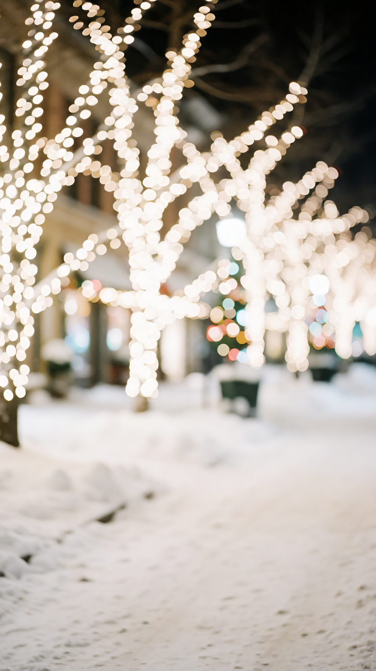 Christmas lights bokeh over snowy street night Wallpaper