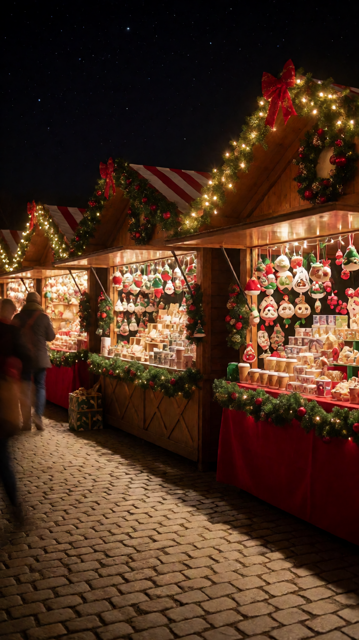 Christmas market stalls night lights Wallpaper