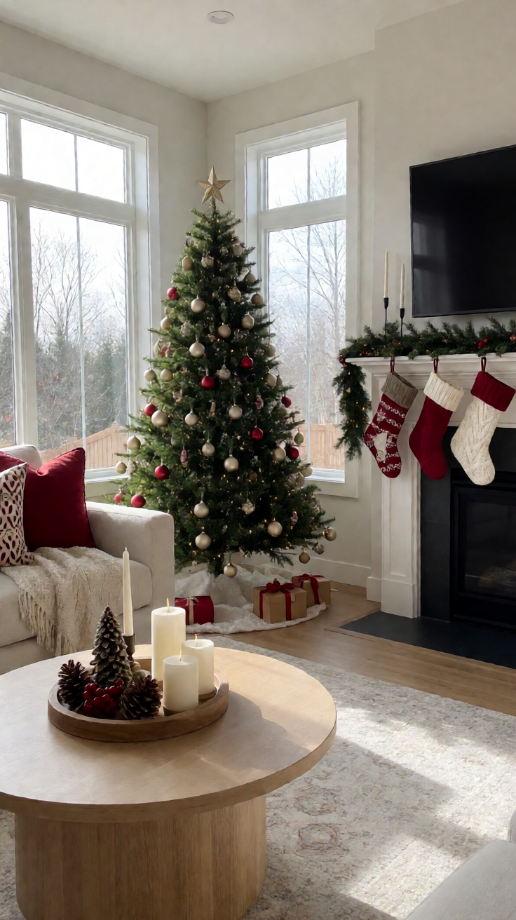 Christmas morning living room with tree and stockings Wallpaper