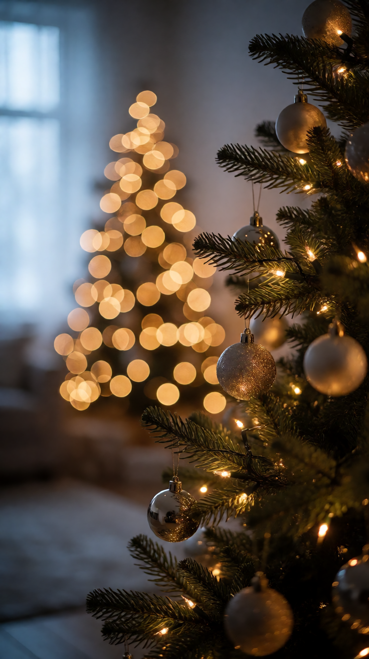 Christmas tree bokeh lights dark Wallpaper
