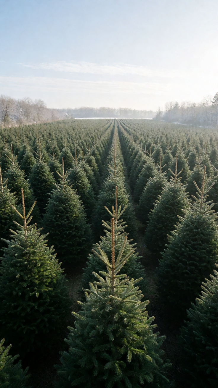 Christmas tree farm rows of pines winter morning Wallpaper