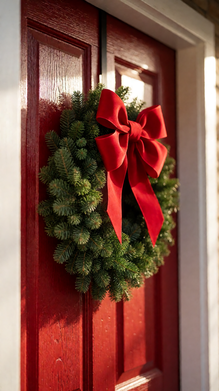 Christmas wreath on red wooden door with bow Wallpaper