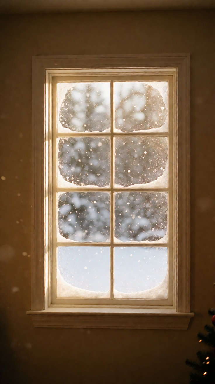 Cozy christmas window snow falling outside Wallpaper