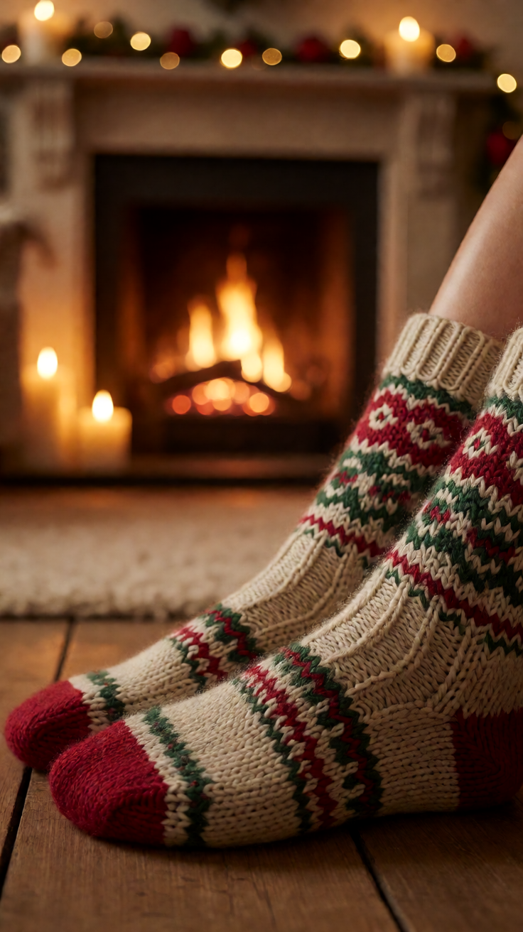 Cozy knitted socks by fireplace christmas vibe Wallpaper