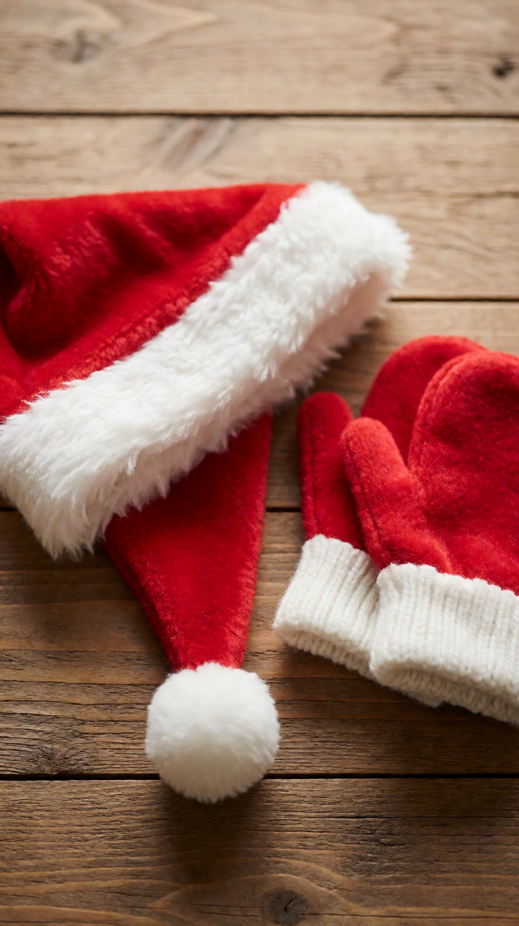 Cozy santa hat and mittens on wooden table flatlay Wallpaper