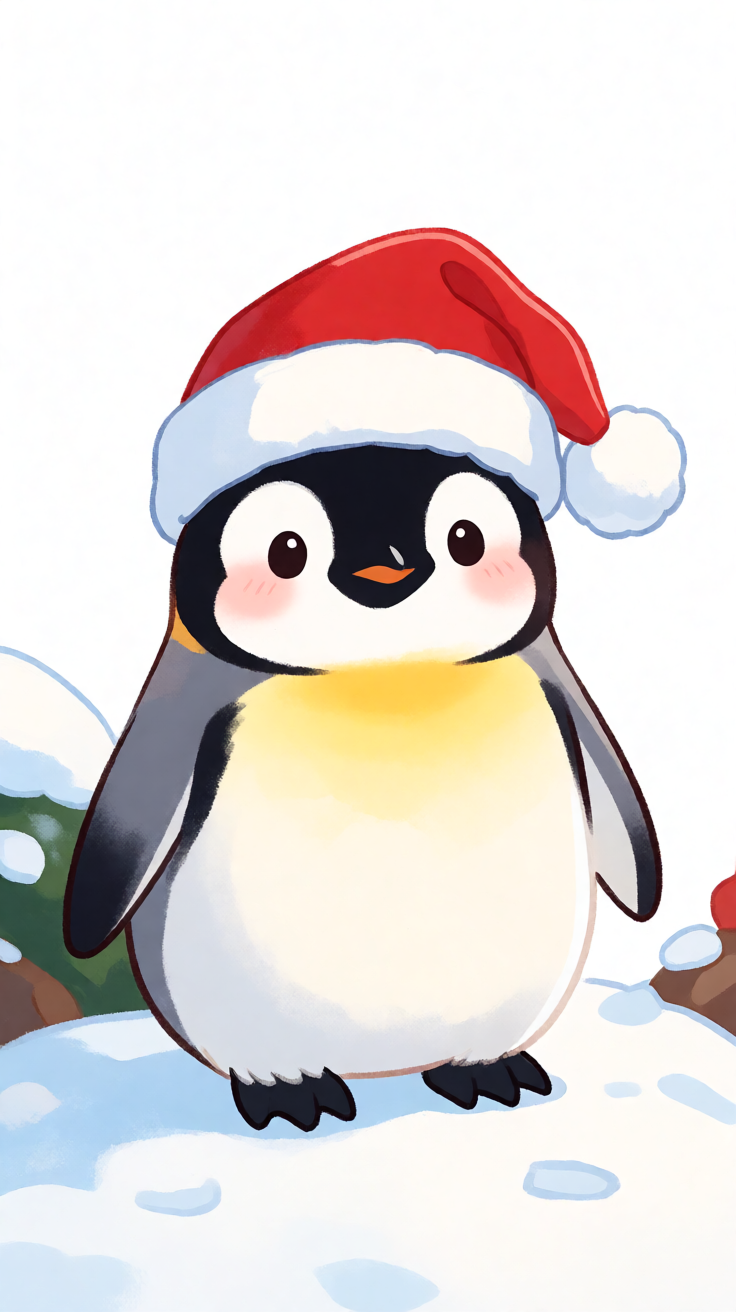 Cute penguin wearing santa hat kawaii illustration Wallpaper