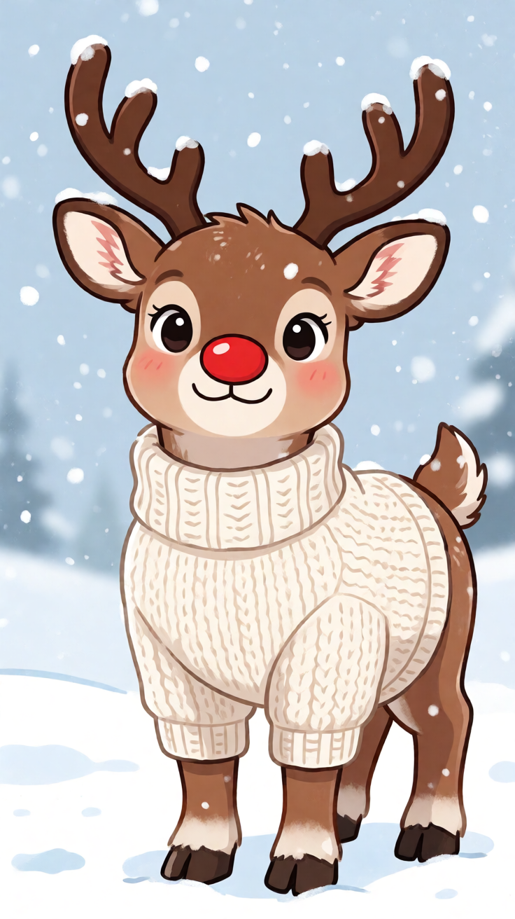 Cute reindeer with red nose kawaii illustration snow Wallpaper