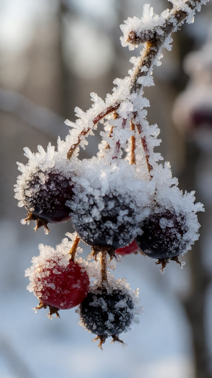Frosted berries branch snow macro Wallpaper