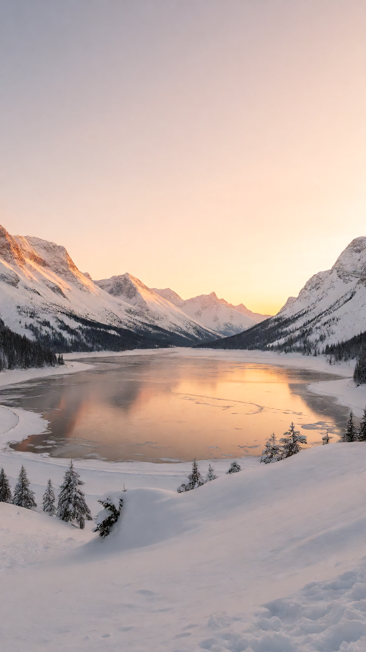 Frozen lake with snow covered mountains sunrise Wallpaper
