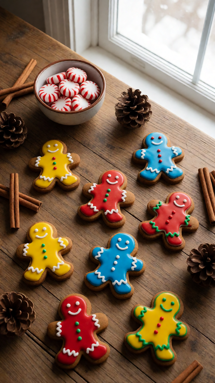 Gingerbread man cookies decorated colorful flatlay Wallpaper