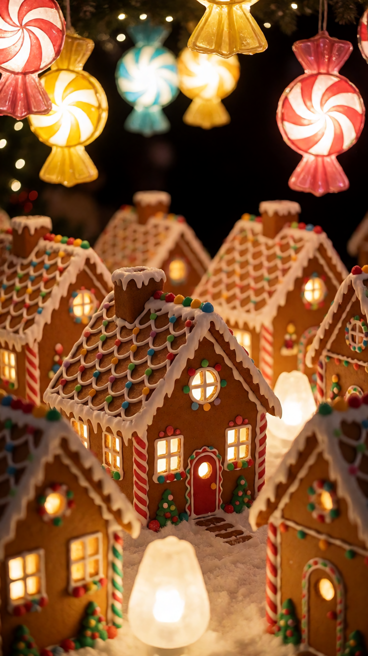 Gingerbread village night candy lamps Wallpaper