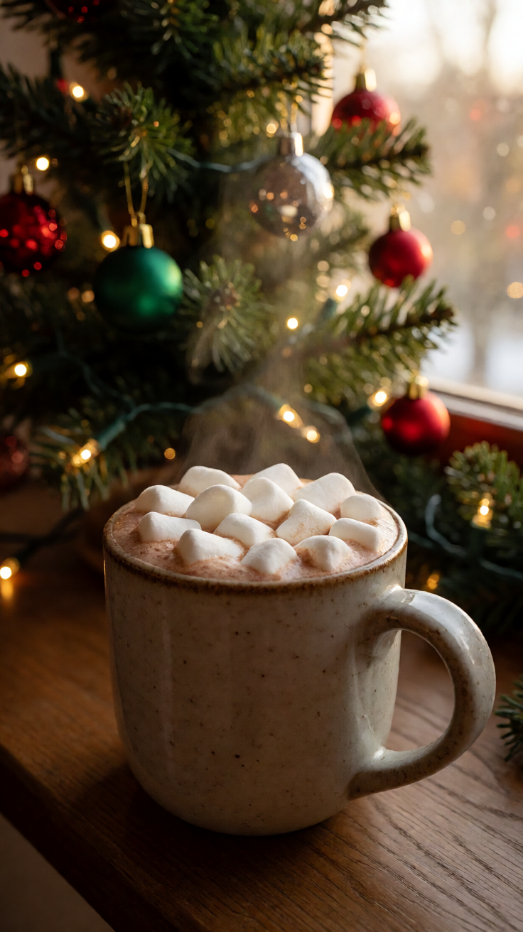 Hot cocoa mug with marshmallows by christmas tree Wallpaper