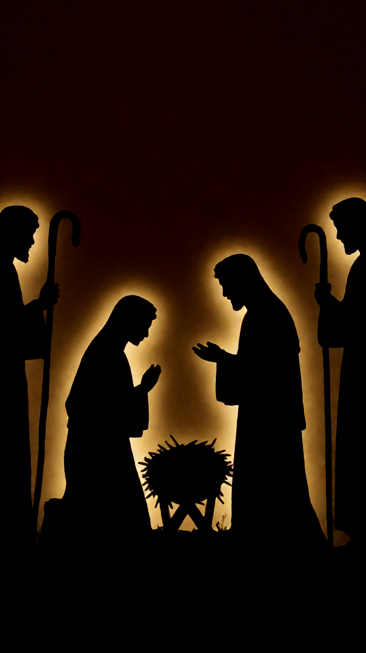 Nativity scene silhouette gold on dark background Wallpaper