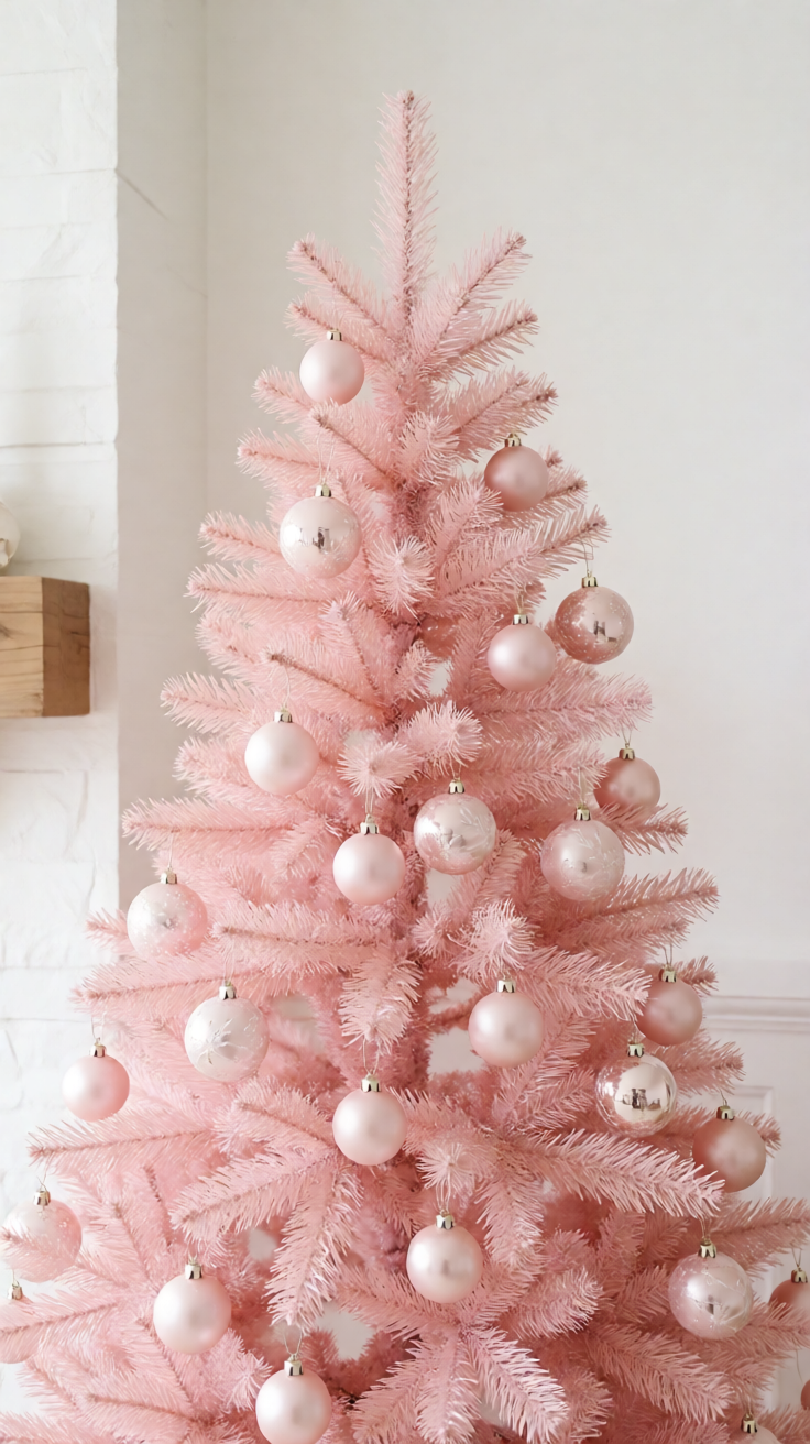 Pink christmas tree pastel ornaments aesthetic Wallpaper