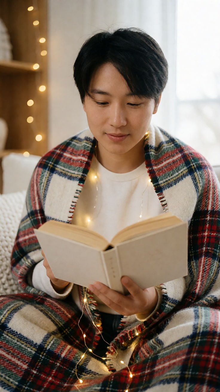 Reading nook with fairy lights and plaid blanket christmas Wallpaper