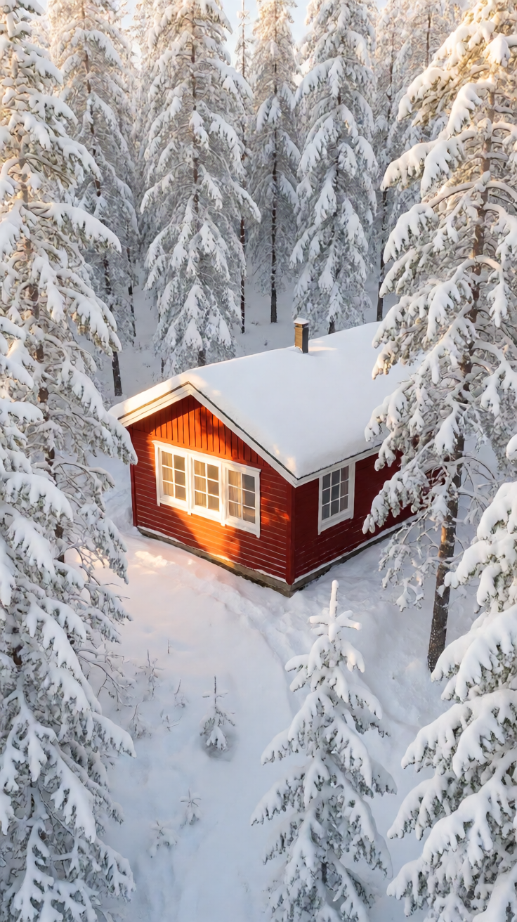 Red cabin in deep snow forest warm window light Wallpaper