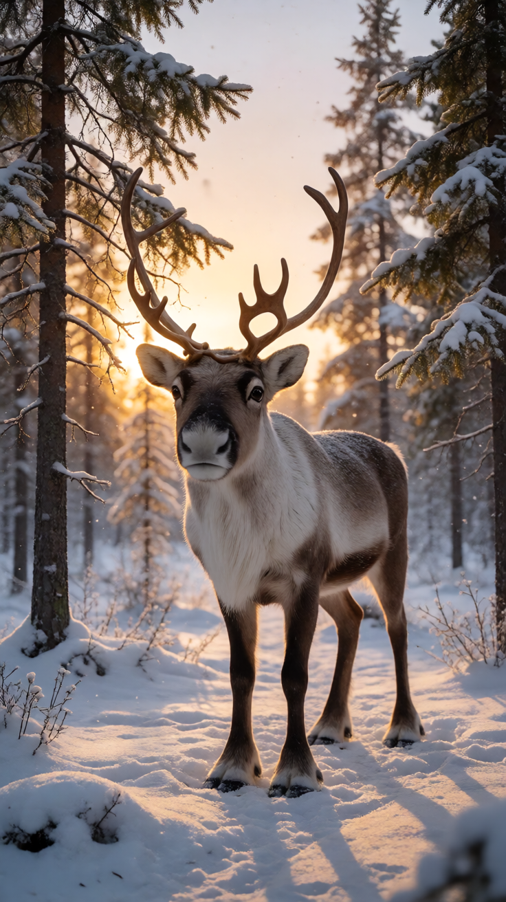 Reindeer in snowy forest dusk Wallpaper