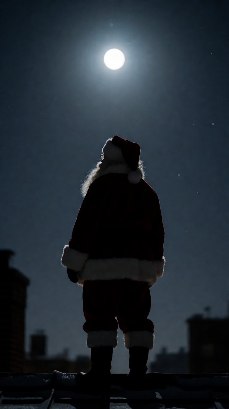 Santa claus silhouette on rooftop under moonlight Wallpaper