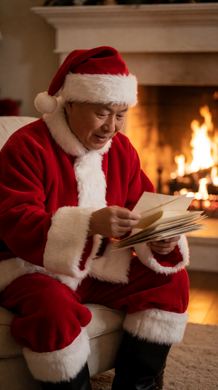 Santa reading letters by fireplace warm glow Wallpaper