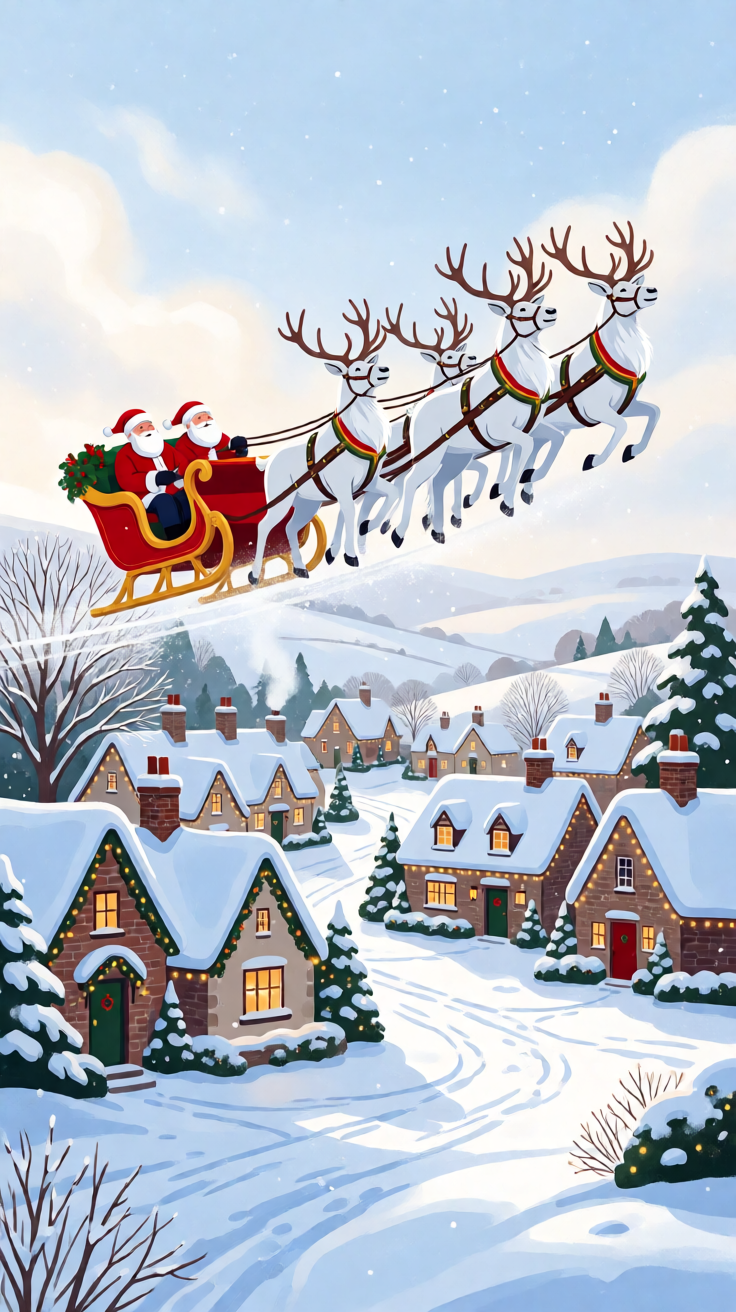 Santa sleigh flying over snowy village illustration Wallpaper