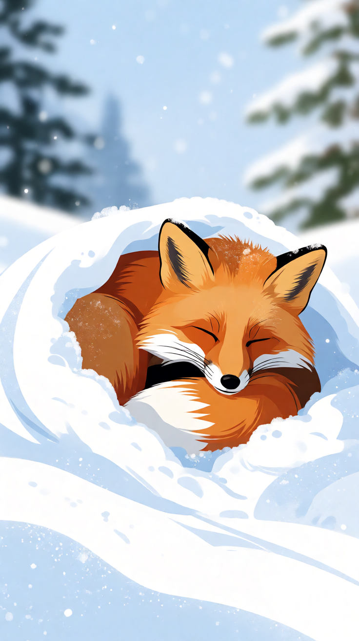 Sleeping fox curled in snow winter illustration Wallpaper