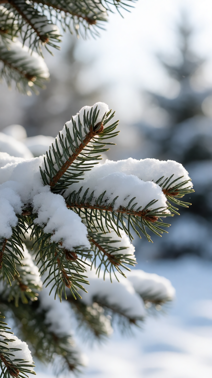 Snow covered pine branches close up with bokeh Wallpaper