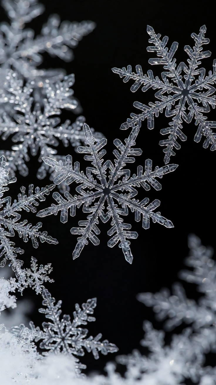Snowflakes macro crystal detail on dark background Wallpaper