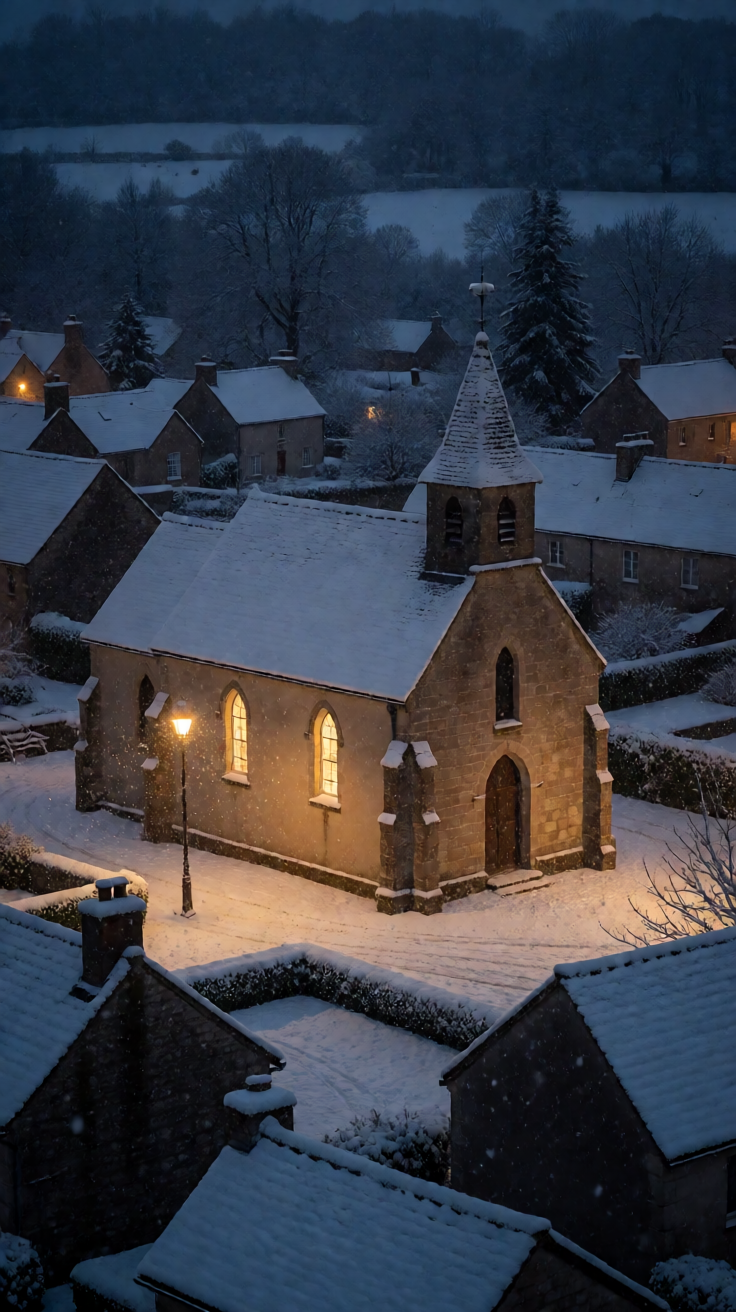 Snowy village church at night with falling snow Wallpaper