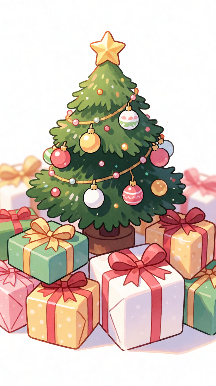 Tiny tabletop christmas tree with gifts kawaii illustration Wallpaper