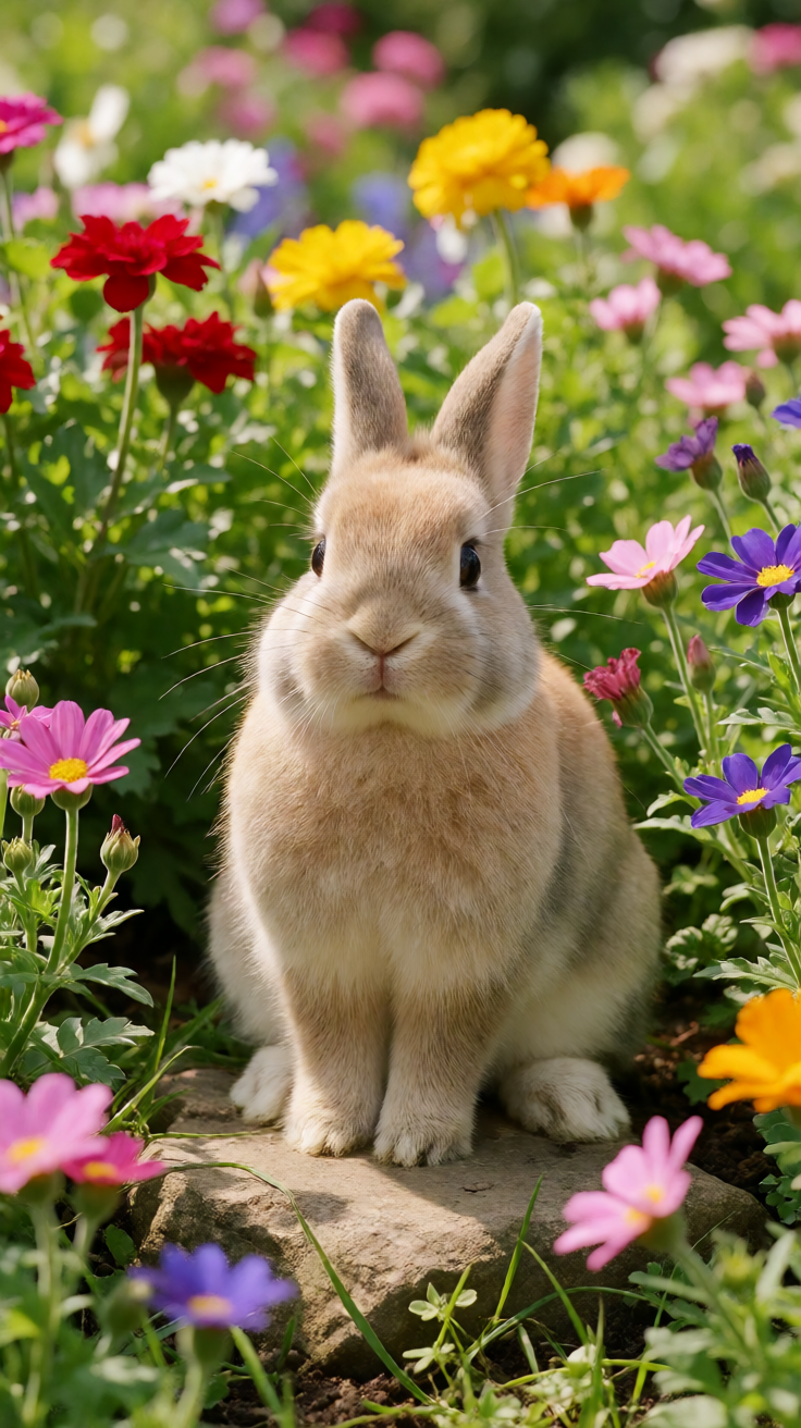 Cute bunny in flower garden Wallpaper