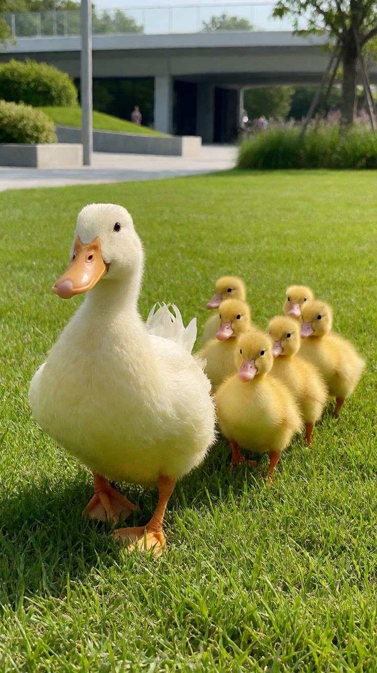 Cute ducklings following mother Wallpaper