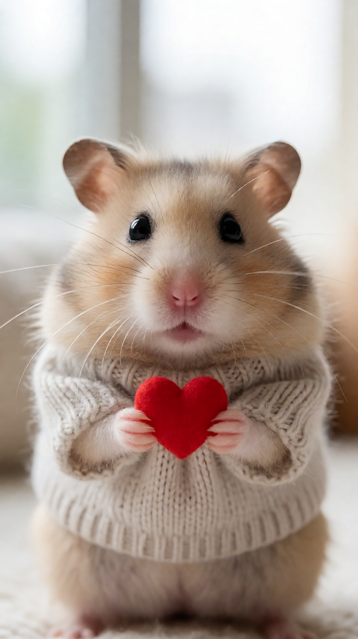 Cute hamster holding tiny heart Wallpaper