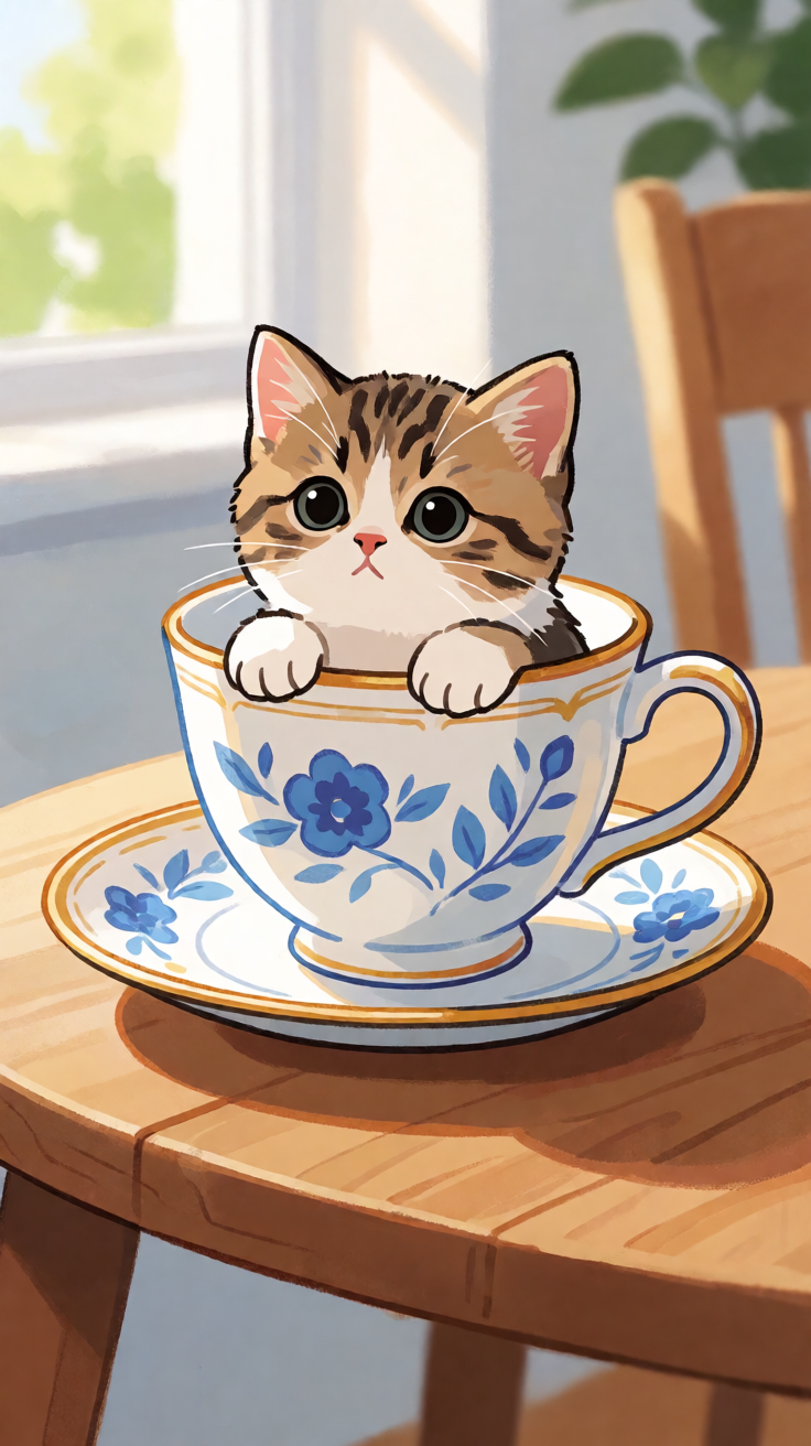 Cute kitten in teacup illustration Wallpaper