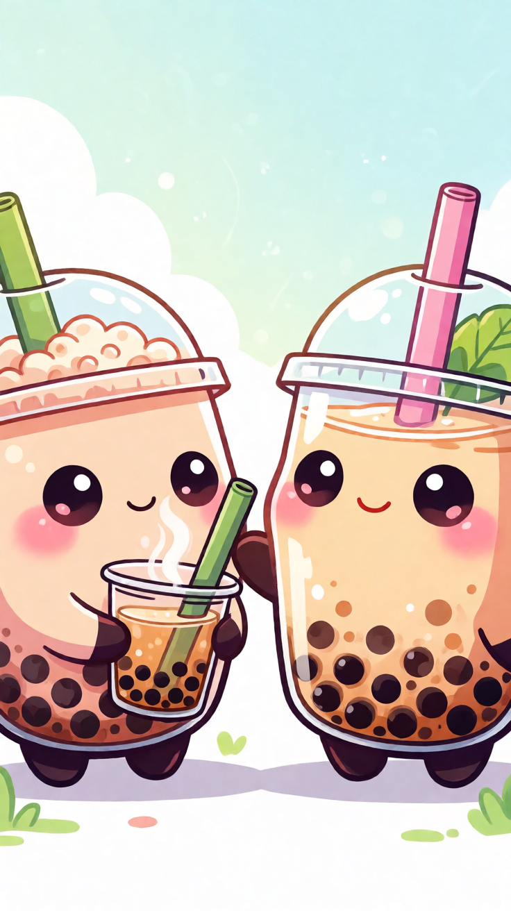 Kawaii boba tea characters illustration Wallpaper