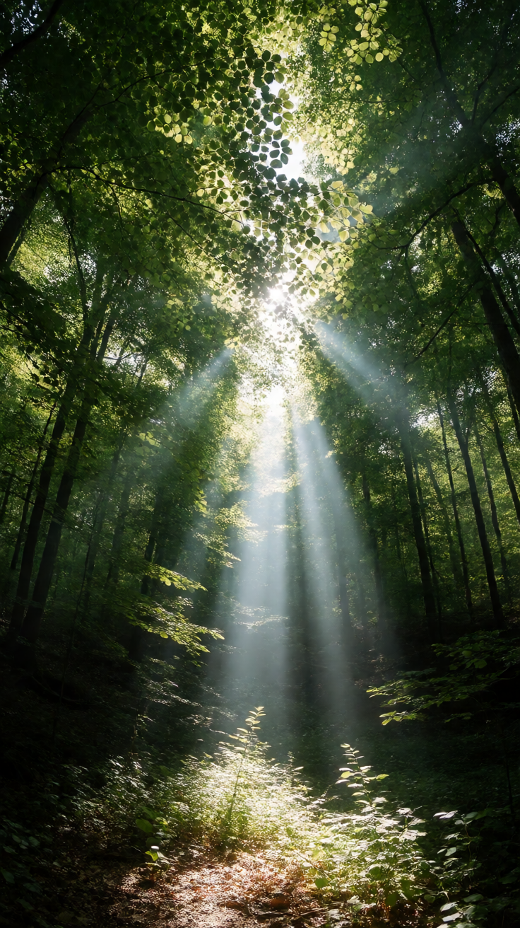 Forest canopy sunlight rays Wallpaper