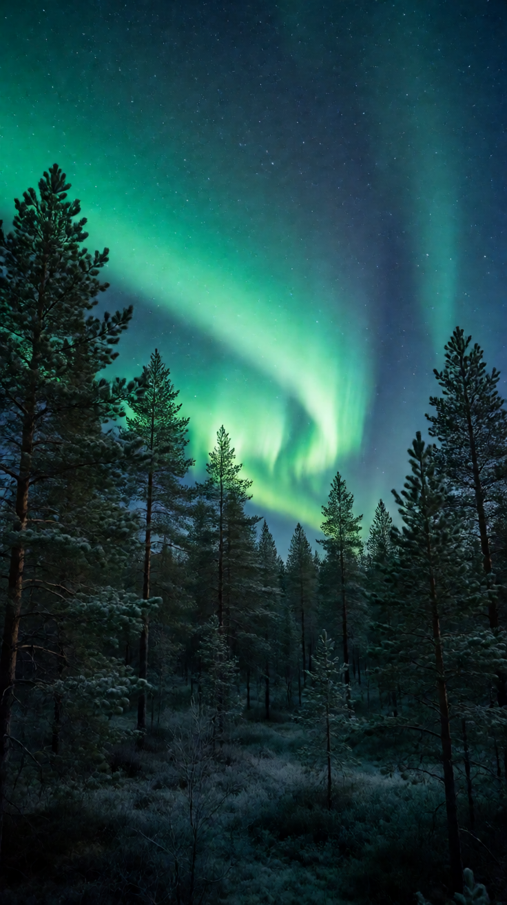 Green northern lights over pines Wallpaper