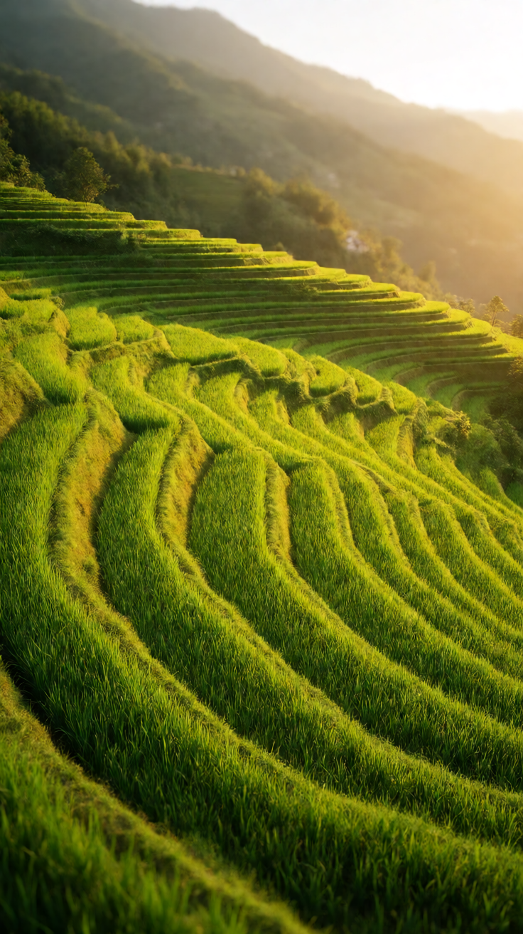 Green rice terraces golden hour Wallpaper