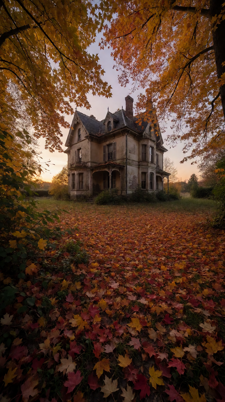 Abandoned victorian house at dusk autumn leaves Wallpaper