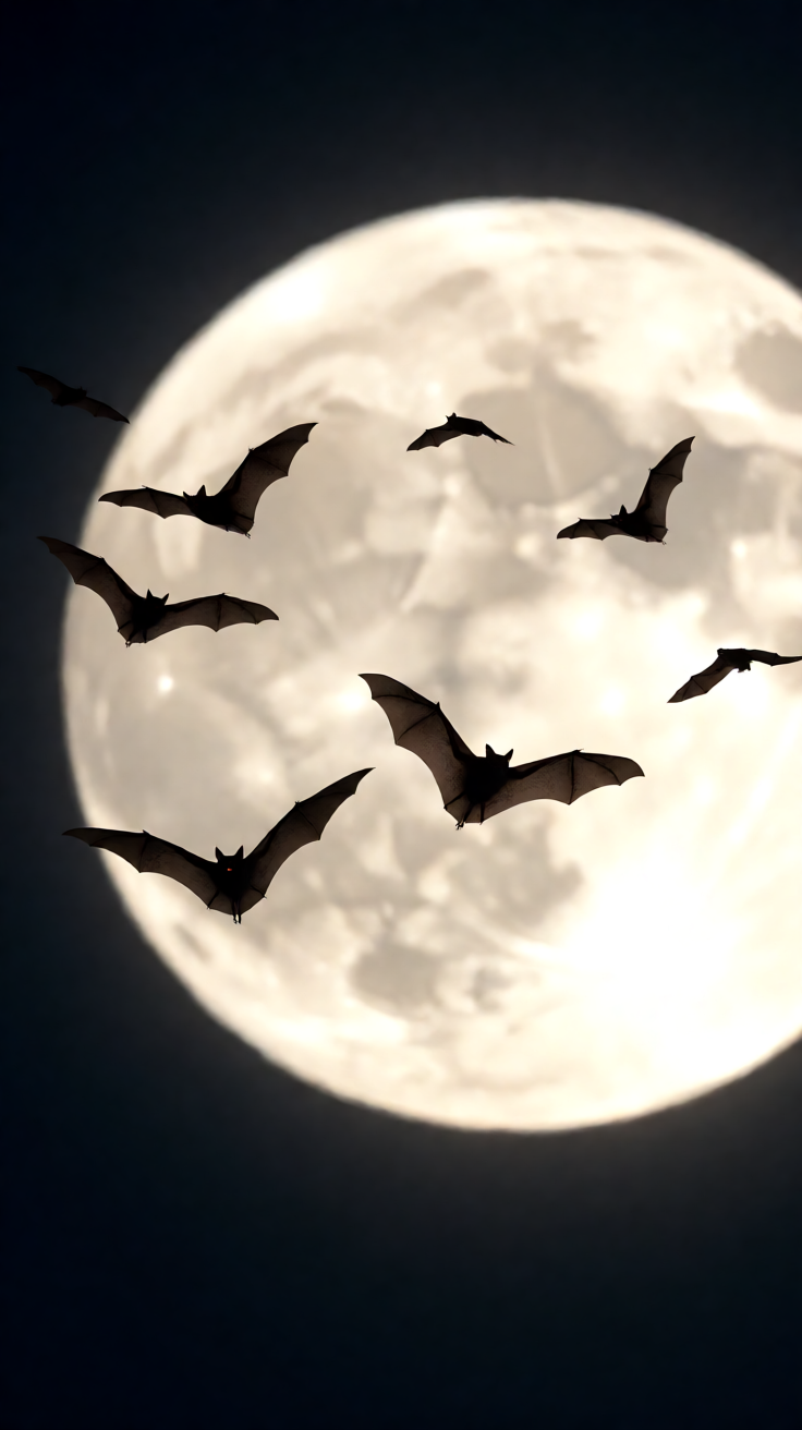 Bats flying across full moon Wallpaper