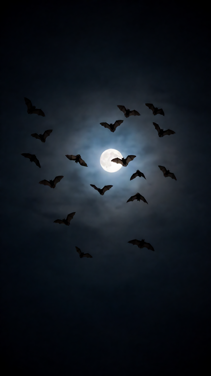 Bats flying across full moon spooky sky Wallpaper