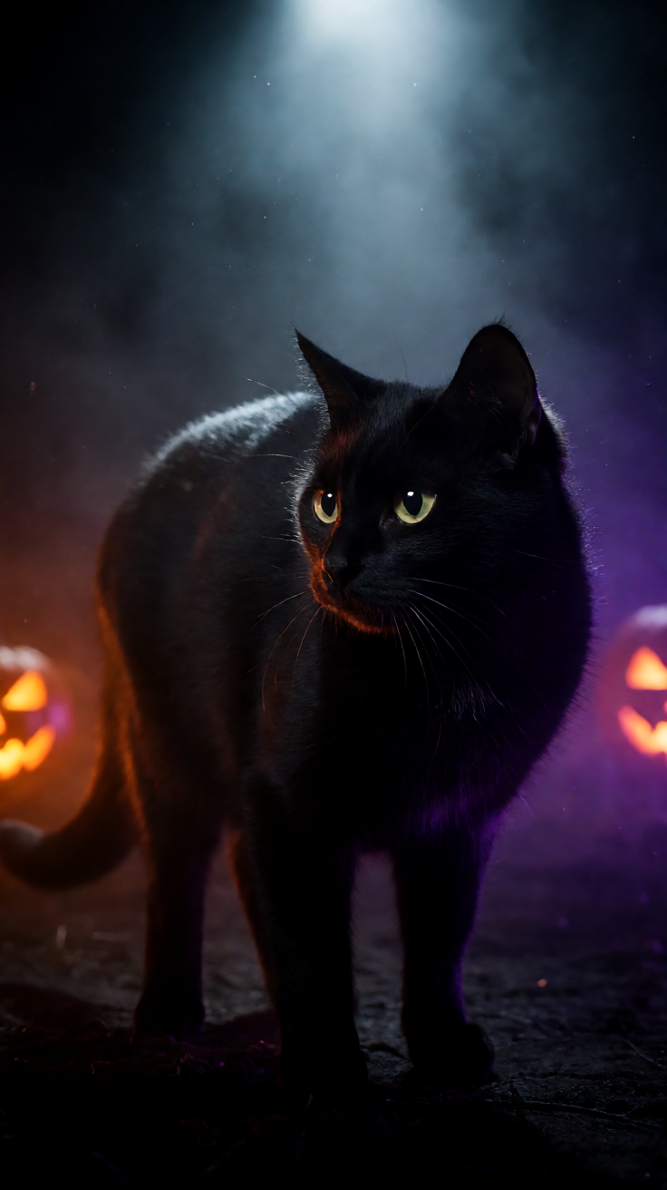 Black cat arched back halloween night Wallpaper